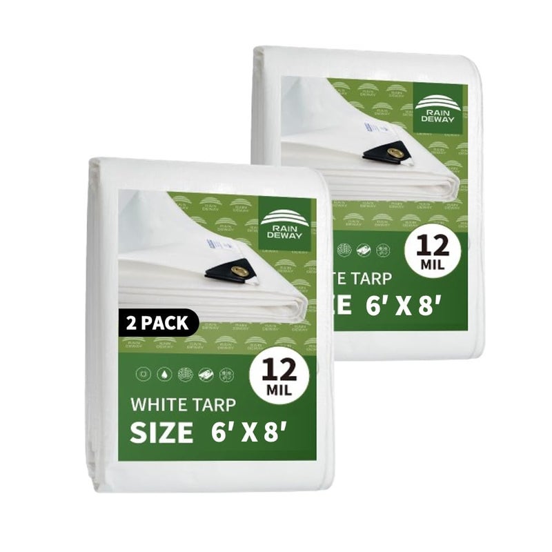 Raindeway 12 Mil Heavy Duty White Tarp 6X8 Feet (2 Pack) Uv Resistant Waterproof Weatherproof Poly Tarp With Metal Grommets And Reinforced Edges - Image 1