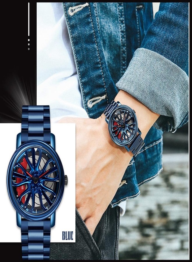 Gosasa Men Racing Watches rotatable Car Rim Wheel hub Design Sports Watches Stainless Steel Waterproof Watch, Blue Red, sports fashion - Image 3