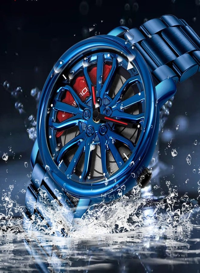 Gosasa Men Racing Watches rotatable Car Rim Wheel hub Design Sports Watches Stainless Steel Waterproof Watch, Blue Red, sports fashion - Image 2