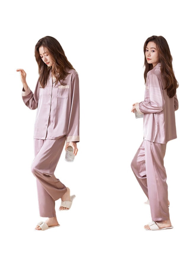 XULEN Women'S Spring And Autumn Imitation Silk Summer Long Sleeve Ice Silk Home Wear Set 61952 Mist Purple Xl - Image 1