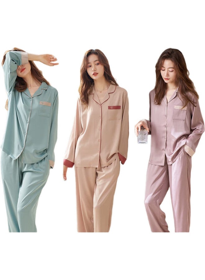 XULEN Women'S Spring And Autumn Imitation Silk Summer Long Sleeve Ice Silk Home Wear Set 61952 Mist Purple Xl - Image 3