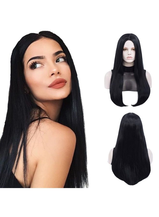 Wig Womens 27" Long Straight Middle Parting Halloween Costume Cosplay and Daily Wig (Black)
