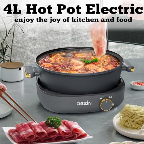 Dezin Electric Shabu Shabu Pot with Removable Pot, 4L Non-Stick Hot Pot Electric with Dual-Power Control, Electric Pot with Tempered Glass Lid for Party, Family and Friend Gathering - Image 2