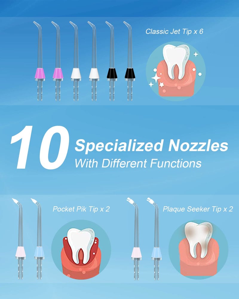 MySmile مجموعة فوهات استبدال MySmile 10 قطعة لجهاز الري الفموي متوافقة مع جهاز تنظيف الأسنان من Waterpik و Mocel، تشمل فوهات كلاسيكية وفوهات جيب اللثة وفوهات إزالة البلاك - Image 2