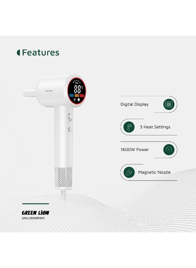 GREEN LION LUXAIR Hair Dryer with Digital Display 1600W Power / Hot, Cold Air Alternating Mode / 3 Heat Settings /Low Noise - White - Image 2