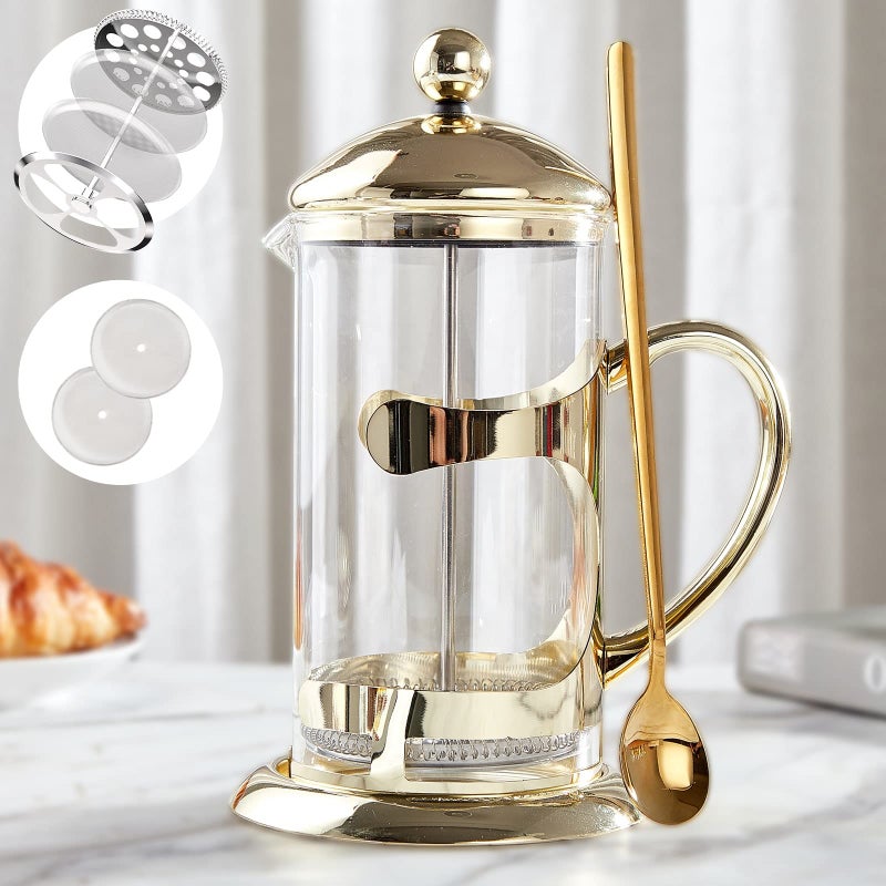 DUJUST Gold French Press Coffee Maker Luxury Design French Coffee Press with 4Level Filter System HighGrade Glass for Hot  Cold Resistance Include Long Size 304 Stainless Steel Spoon  34oz