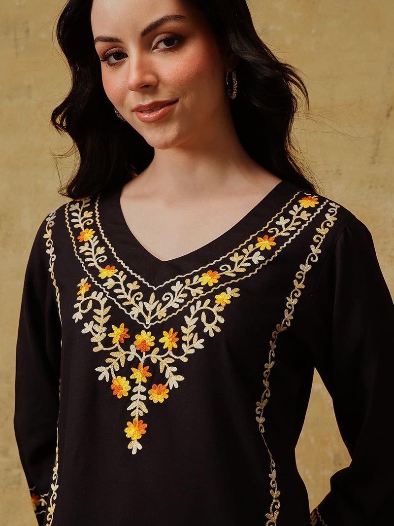 QAZMI Women's Amina Kashmiri Embroidered V-Neck Short Kurti_XS Black - Image 4