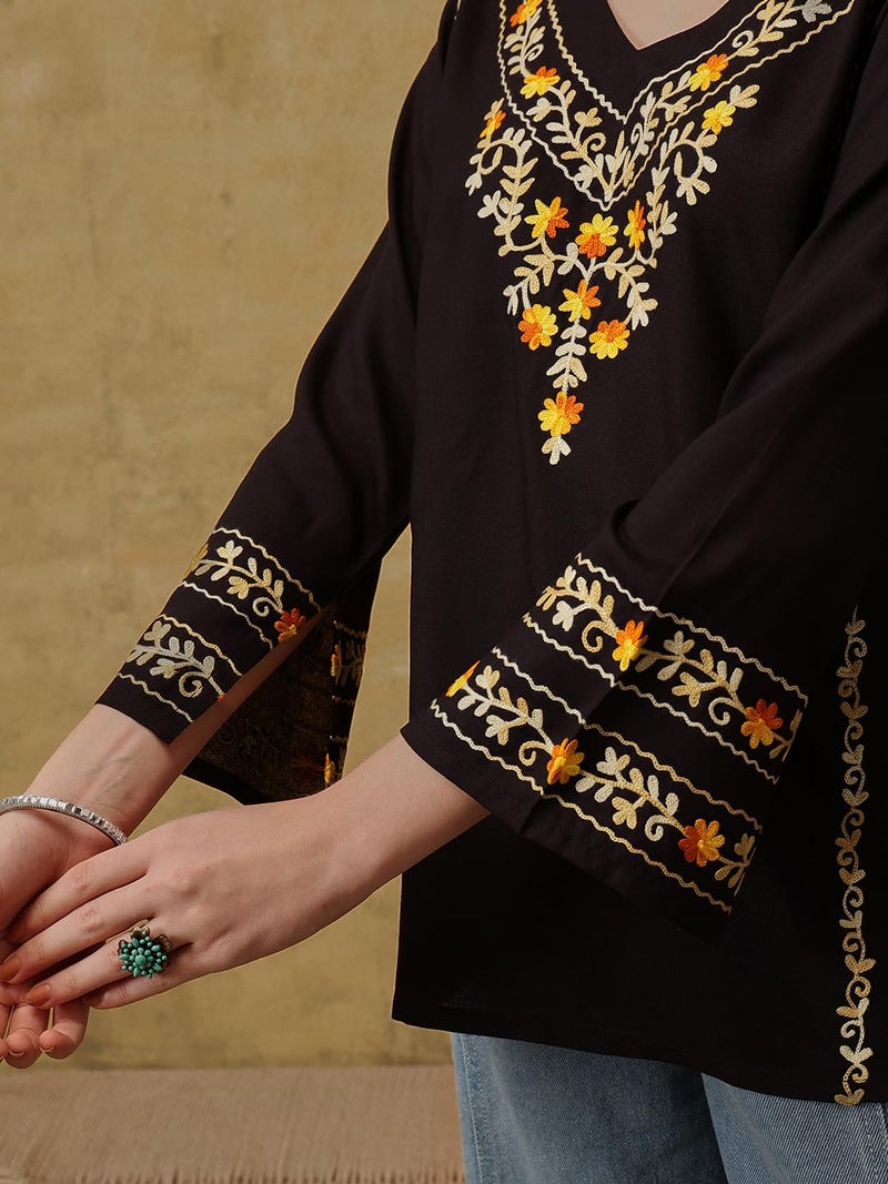 QAZMI Women's Amina Kashmiri Embroidered V-Neck Short Kurti_XS Black - Image 5