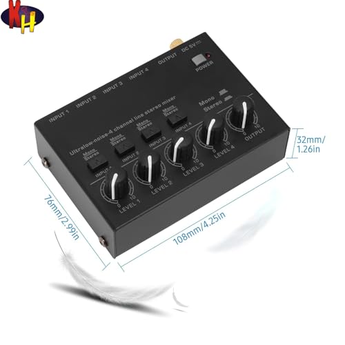 kh Ultra Low Noise 4 Channel Line Stereo Mixer Portable Mini Audio Console with 4 Inputs 1 Output DC, 5V Power for Microphone Guitar Keyboard Bass Compact Mixer for Studio Stage Bar Club Use - Image 2