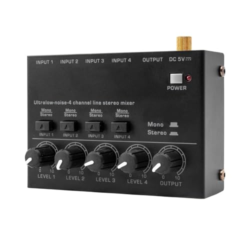 kh Ultra Low Noise 4 Channel Line Stereo Mixer Portable Mini Audio Console with 4 Inputs 1 Output DC, 5V Power for Microphone Guitar Keyboard Bass Compact Mixer for Studio Stage Bar Club Use - Image 1