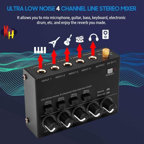 kh Ultra Low Noise 4 Channel Line Stereo Mixer Portable Mini Audio Console with 4 Inputs 1 Output DC, 5V Power for Microphone Guitar Keyboard Bass Compact Mixer for Studio Stage Bar Club Use - Image 5