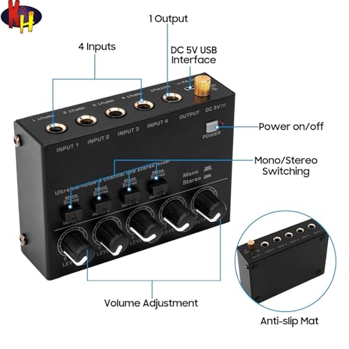 kh Ultra Low Noise 4 Channel Line Stereo Mixer Portable Mini Audio Console with 4 Inputs 1 Output DC, 5V Power for Microphone Guitar Keyboard Bass Compact Mixer for Studio Stage Bar Club Use - Image 3