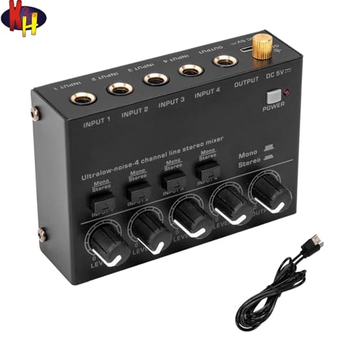kh Ultra Low Noise 4 Channel Line Stereo Mixer Portable Mini Audio Console with 4 Inputs 1 Output DC, 5V Power for Microphone Guitar Keyboard Bass Compact Mixer for Studio Stage Bar Club Use - Image 4