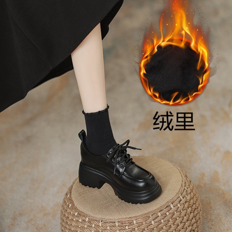 Women'S Leather Shoes With 8Cm Hidden Heel, Style, Thick-Soled Loafers With Plush Lining, Chunky Heel, Lace-Up, Small Sizes 3233 - Image 2