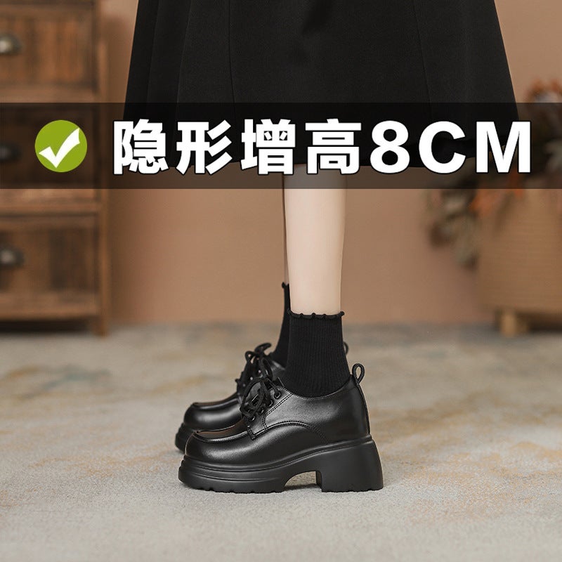 Women'S Leather Shoes With 8Cm Hidden Heel, Style, Thick-Soled Loafers With Plush Lining, Chunky Heel, Lace-Up, Small Sizes 3233 - Image 5