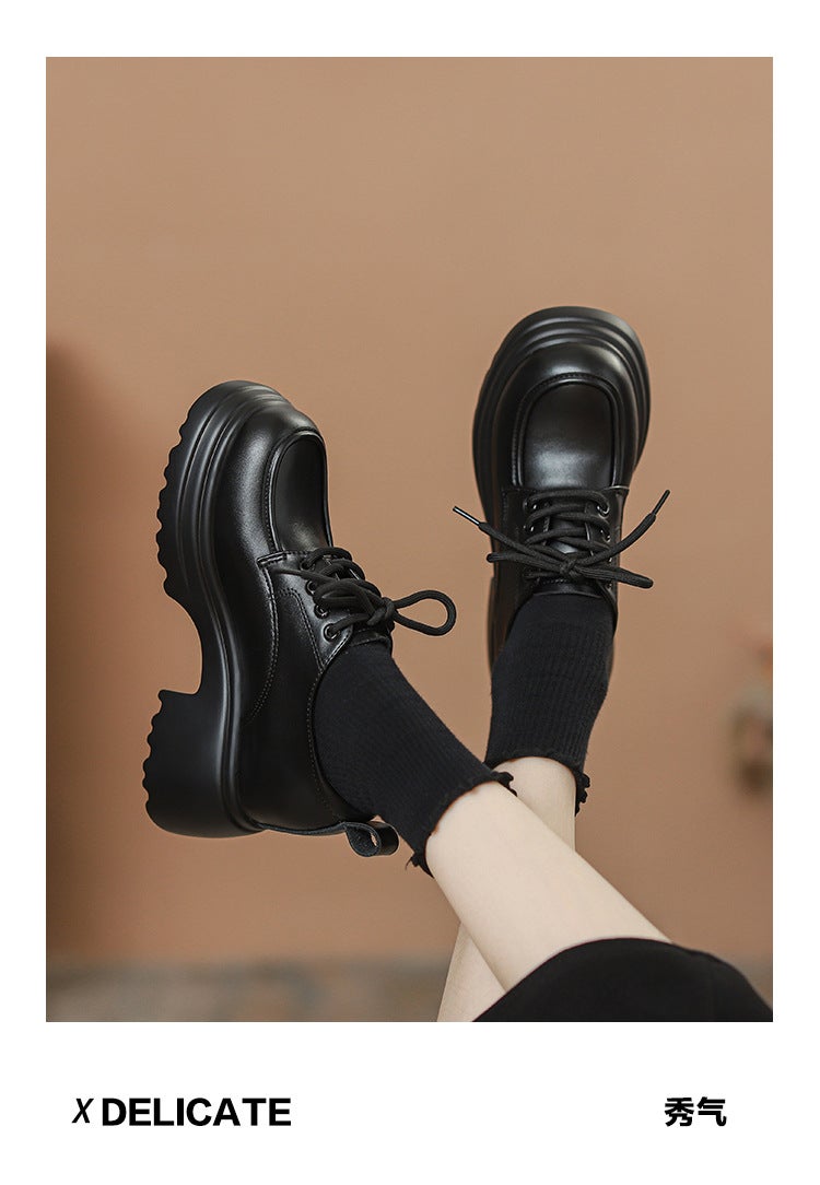 Women'S Leather Shoes With 8Cm Hidden Heel, Style, Thick-Soled Loafers With Plush Lining, Chunky Heel, Lace-Up, Small Sizes 3233 - Image 1