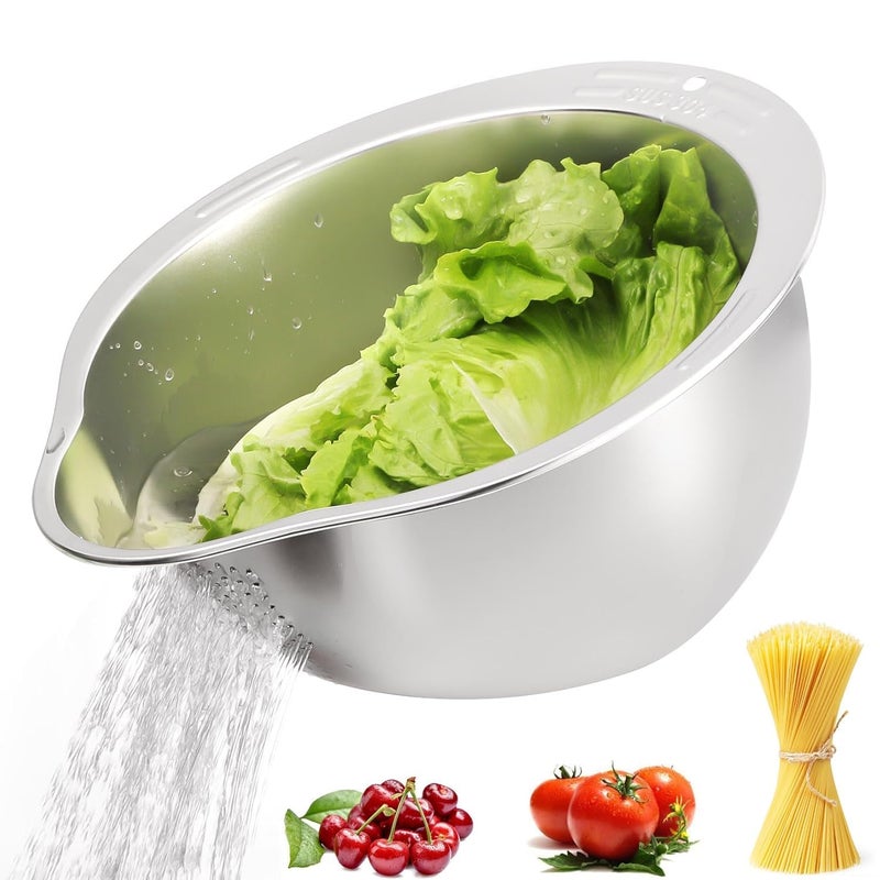 DHAVJ Rice Washing Bowl with Strainer 4in1 Washer and Strainer Bowl for Quinoa Stainless Steel Side Drainers Colander for Cleaning Fruits Vegetables and Beans Silver - Image 1