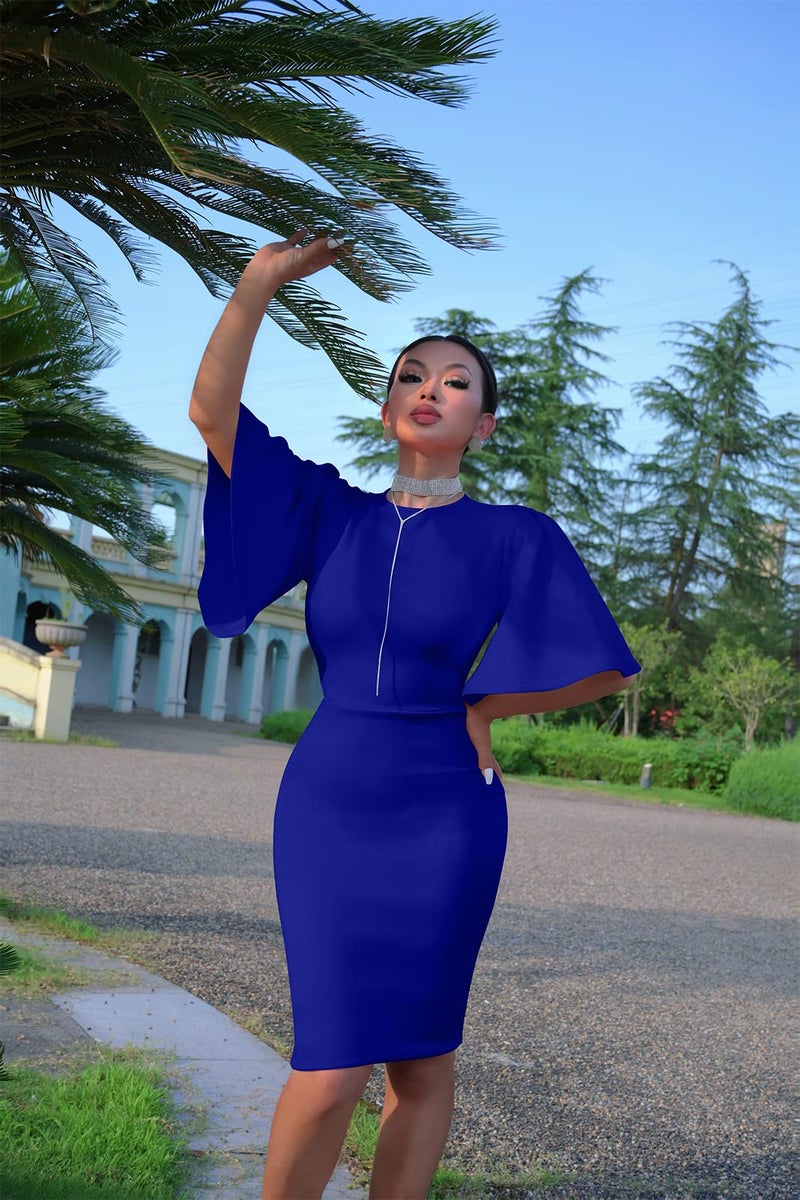 Memoriesea Women's Basic Bodycon Ruffle Flared Short Sleeve Pencil Midi Dress RoyalBlue - Image 3