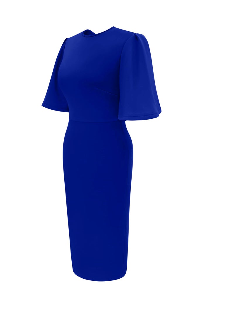 Memoriesea Women's Basic Bodycon Ruffle Flared Short Sleeve Pencil Midi Dress RoyalBlue - Image 4