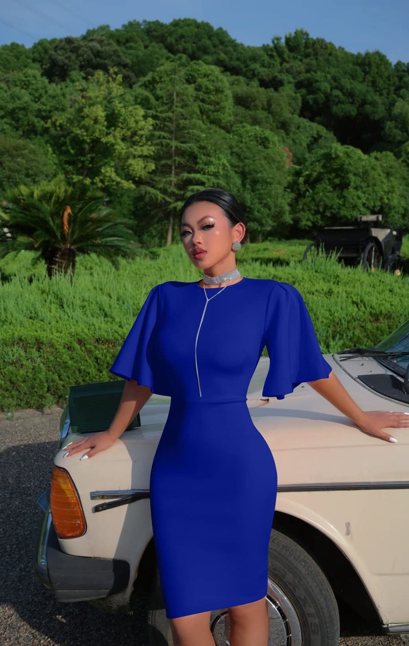 Memoriesea Women's Basic Bodycon Ruffle Flared Short Sleeve Pencil Midi Dress RoyalBlue - Image 5