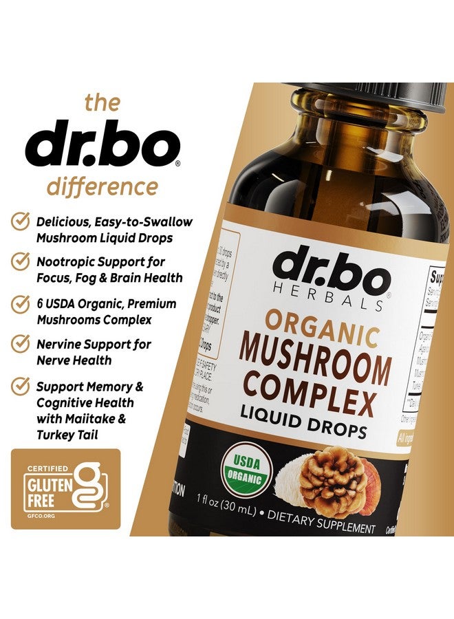 dr.bo Organic Lions Mane Mushroom Complex - Mushroom Supplement Liquid Drops Tincture for Focus, Fog, Brain Health Supplements - Vegan, Herbal Organic Lion's Mane Mushrooms, Reishi, Turkey Tail Extract 1oz - Image 4