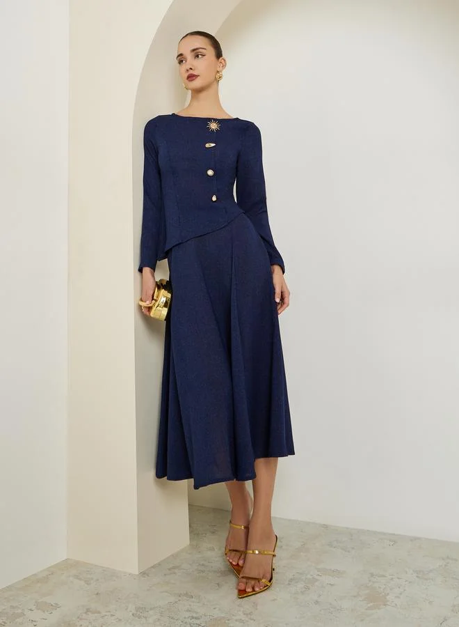 Styli Navy Blue Embellished Button Tweed Top