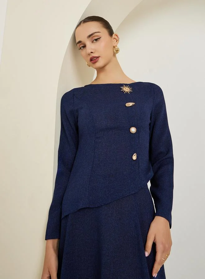 Styli  Navy Blue Embellished Button Tweed Top for Women | Best Price UAE