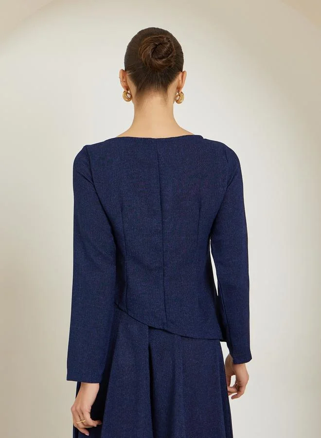 Styli  Navy Blue Embellished Button Tweed Top for Women | Best Price UAE