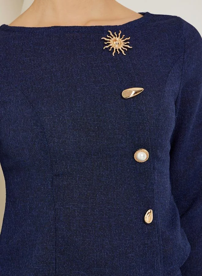 Styli  Navy Blue Embellished Button Tweed Top for Women | Best Price UAE