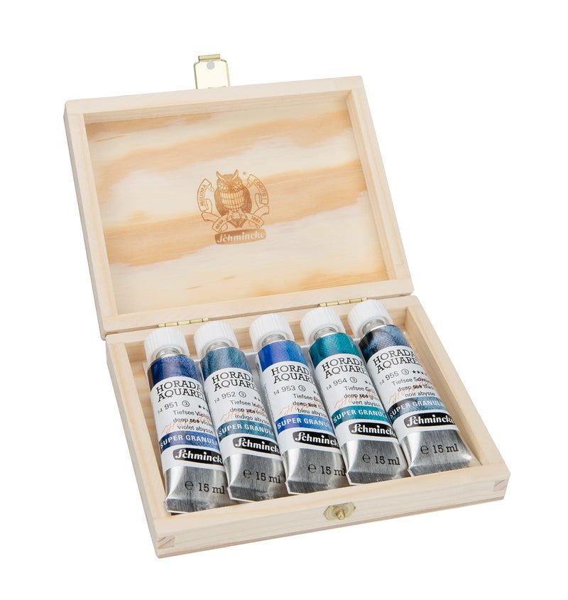 Schmincke - HORADAM® AQUARELL, Super- Granulation Set Deep Sea, 5 x 15 ml tubes, 74 841 097, wooden box, very strong supergranulating watercolor paints - Image 2
