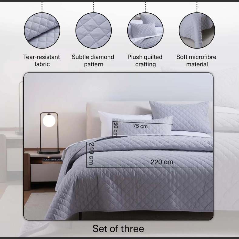 Pan Home طقم أغطية سرير مبطنة من 3 قطع أساسي مقاس 220×240 سم - رمادي - Image 4