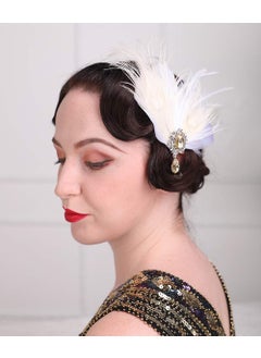 Aimimier Bridal 1920s Flapper Feather Hair Clip Crystal Teardop White Feather Roaring 20s Headpiece Prom Party Festival Hair Jewelry for Women