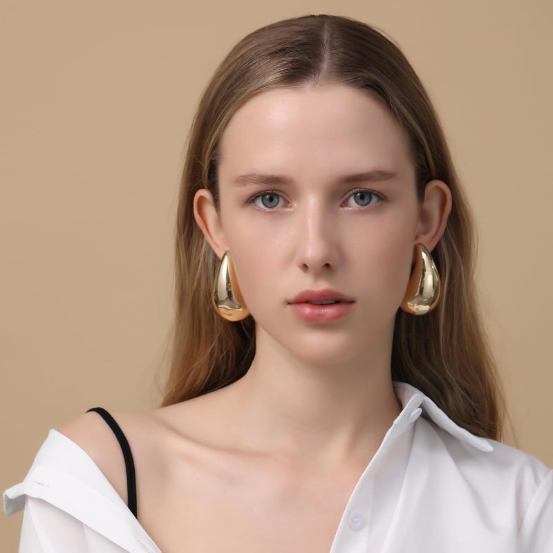 Apsvo Chunky 14K Gold Plated Hoop Earrings for Women, Lightweight Waterdrop Hollow Open Hoops, Hypoallergenic Dupes Earrings - Image 2