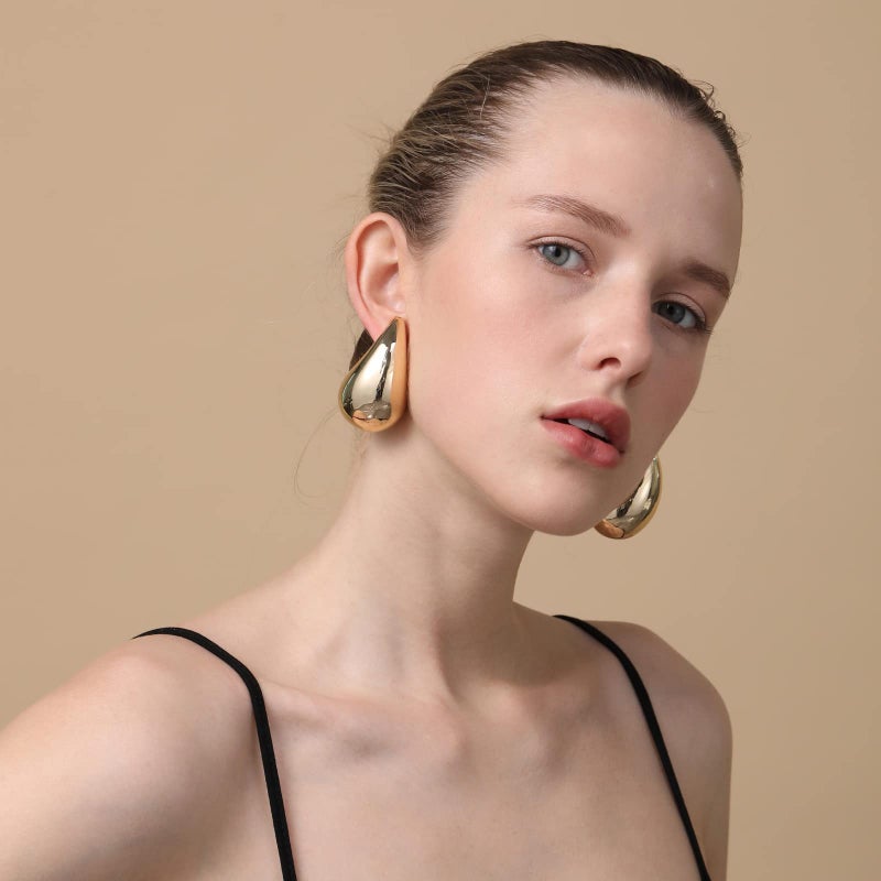 Apsvo Chunky 14K Gold Plated Hoop Earrings for Women, Lightweight Waterdrop Hollow Open Hoops, Hypoallergenic Dupes Earrings - Image 3