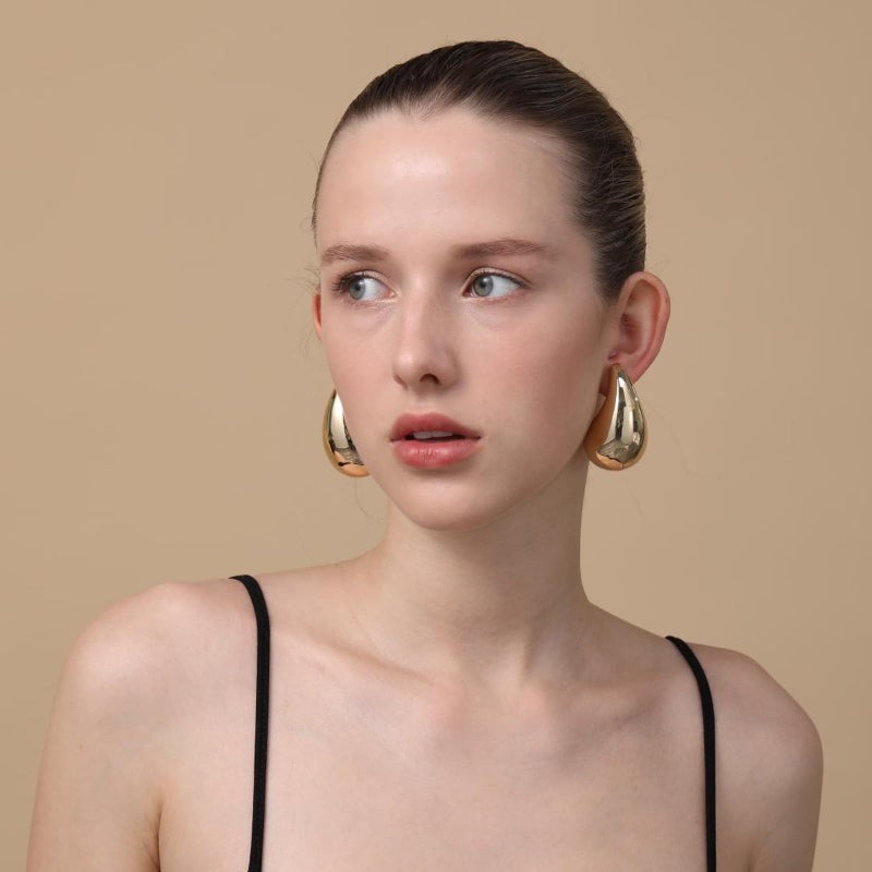 Apsvo Chunky 14K Gold Plated Hoop Earrings for Women, Lightweight Waterdrop Hollow Open Hoops, Hypoallergenic Dupes Earrings - Image 5