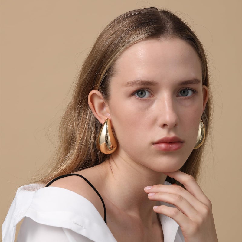 Apsvo Chunky 14K Gold Plated Hoop Earrings for Women, Lightweight Waterdrop Hollow Open Hoops, Hypoallergenic Dupes Earrings - Image 4