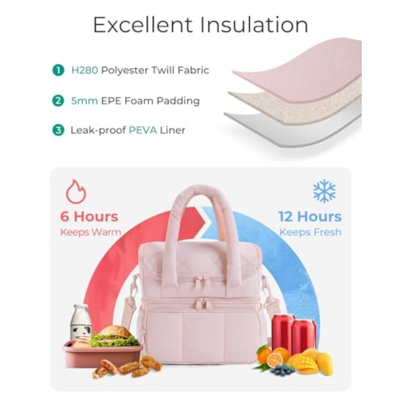 Lunch Bag, Double Deck Insulated Lunch Box, Quilted Puffer Lunch Tote, Leakproof, Durable and Reusable Large Lunch Cooler For Work Picnic Travel Meal Prep Black - Image 3