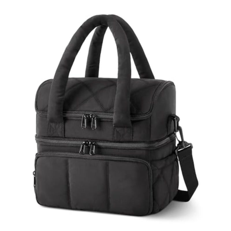 Lunch Bag, Double Deck Insulated Lunch Box, Quilted Puffer Lunch Tote, Leakproof, Durable and Reusable Large Lunch Cooler For Work Picnic Travel Meal Prep Black - Image 1