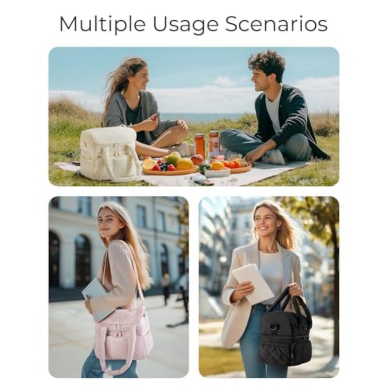 Lunch Bag, Double Deck Insulated Lunch Box, Quilted Puffer Lunch Tote, Leakproof, Durable and Reusable Large Lunch Cooler For Work Picnic Travel Meal Prep Black - Image 5