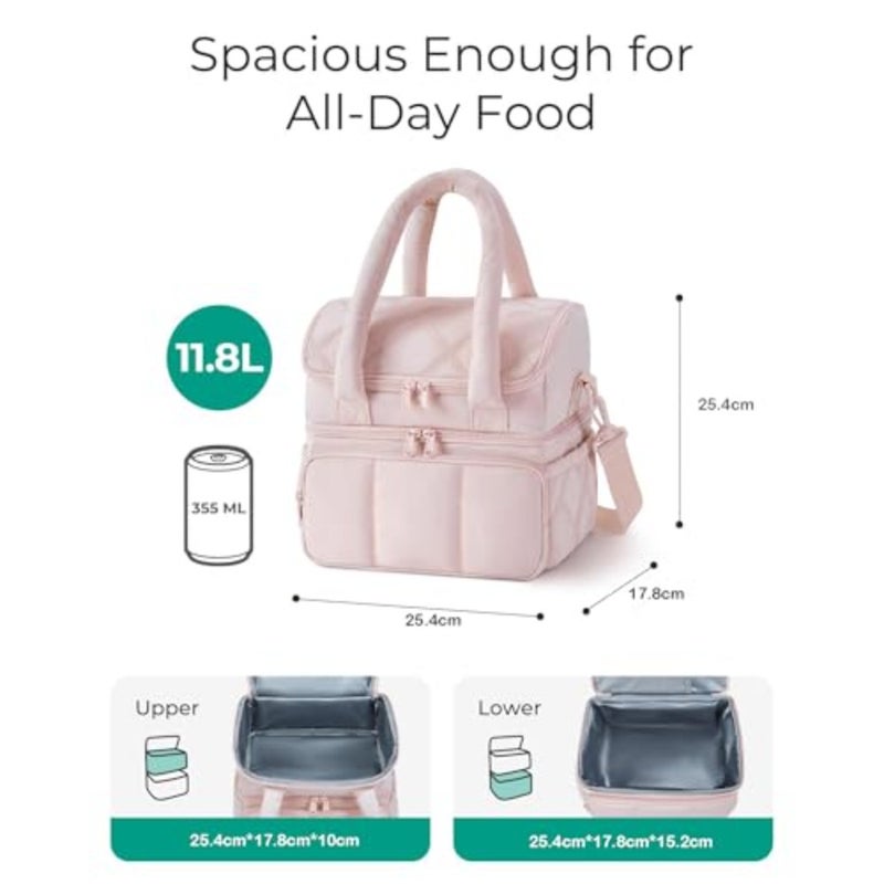 Lunch Bag, Double Deck Insulated Lunch Box, Quilted Puffer Lunch Tote, Leakproof, Durable and Reusable Large Lunch Cooler For Work Picnic Travel Meal Prep Black - Image 2