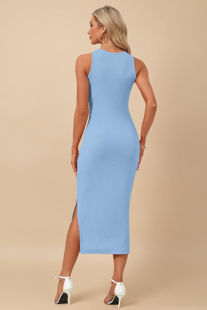 AUSELILY Womens Summer Bodycon Dresses 2025 Basic Casual Sleeveless Knit Tank Midi Dress, Light Blue M - Image 3