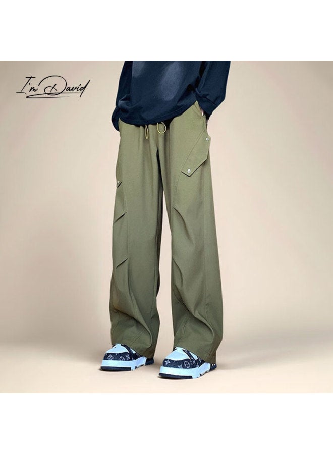 I'm David Straight-leg Cargo Pants For Men Retro Simple Solid Color Loose Wide-leg Casual American Versatile Trousers - Image 1