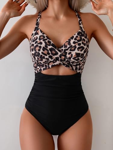 Eomenie Women's One Piece Swimsuits Tummy Control Cutout High Waisted Bathing Suit Wrap Tie Back 1 Piece Swimsuit Black and Leopard - Image 4