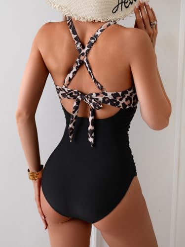 Eomenie Women's One Piece Swimsuits Tummy Control Cutout High Waisted Bathing Suit Wrap Tie Back 1 Piece Swimsuit Black and Leopard - Image 3