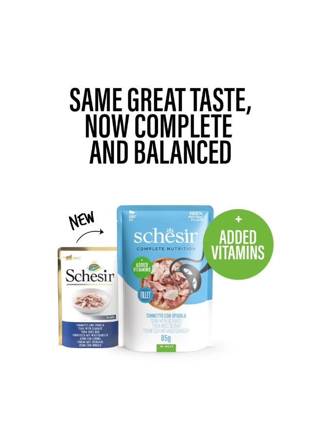 Schesir Complete & Balanced Nutrition Wet Cat Food in Jelly Pouch- Tuna With Seabass 85g
