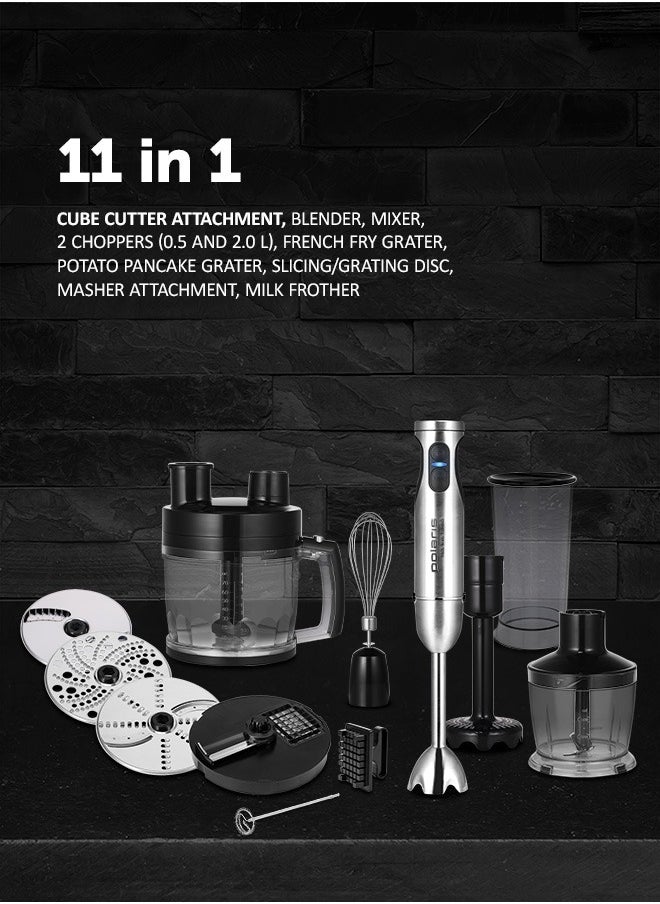 Polaris - Multifunctional 11 in 1 hand blender 4 PRO TITAN knives with titanium coating work 2 times more efficiently and retain their strength and sharpness for many years. Blender whisk is ideal for airy desserts, fluffy omelettes and light pancake batter. 30 speeds with smooth adjustment and TURBO mode.  LCD display PROtect+ motor protection against overheating and overload. Ergonomic handle shape - Image 1