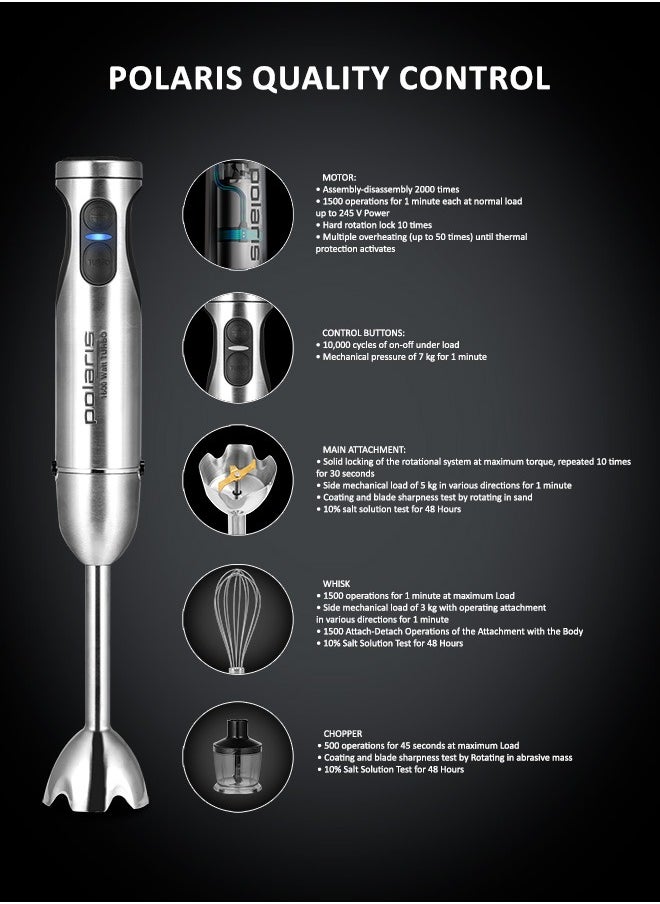 Polaris - Multifunctional 11 in 1 hand blender 4 PRO TITAN knives with titanium coating work 2 times more efficiently and retain their strength and sharpness for many years. Blender whisk is ideal for airy desserts, fluffy omelettes and light pancake batter. 30 speeds with smooth adjustment and TURBO mode.  LCD display PROtect+ motor protection against overheating and overload. Ergonomic handle shape - Image 1