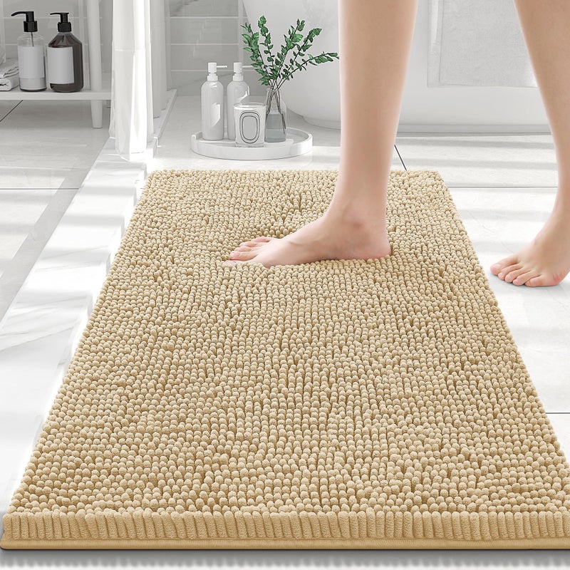 Smiry Luxury Chenille Bathroom Rugs 30x20 Extra Soft and Absorbent Shaggy Bath Mat Machine Washable NonSlip Plush Carpet Runner for Tub Shower and Floor Home Decor Accessories Beige