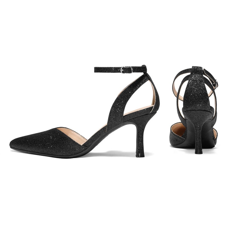 mysoft Women's Pumps Shoes Pointed Toe Kitten Low Heels Stiletto Ankle Strap Closed Toe Wedding Party Dress Sandals Black Glitter - Image 3