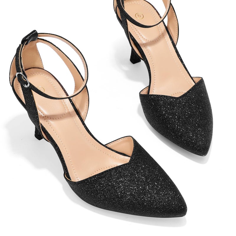 mysoft Women's Pumps Shoes Pointed Toe Kitten Low Heels Stiletto Ankle Strap Closed Toe Wedding Party Dress Sandals Black Glitter - Image 2